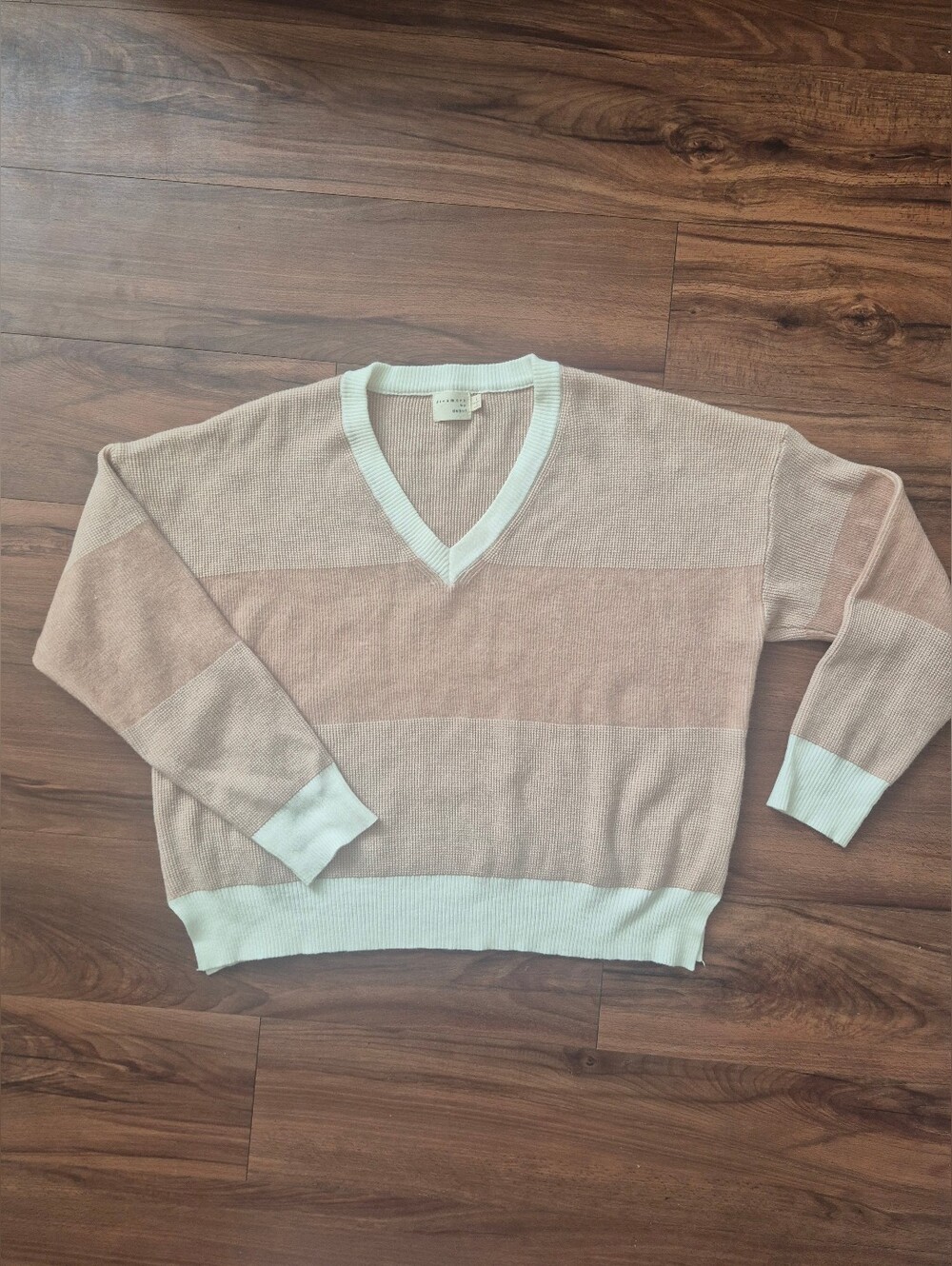 Striped V-Neck Sweater in Blush and White